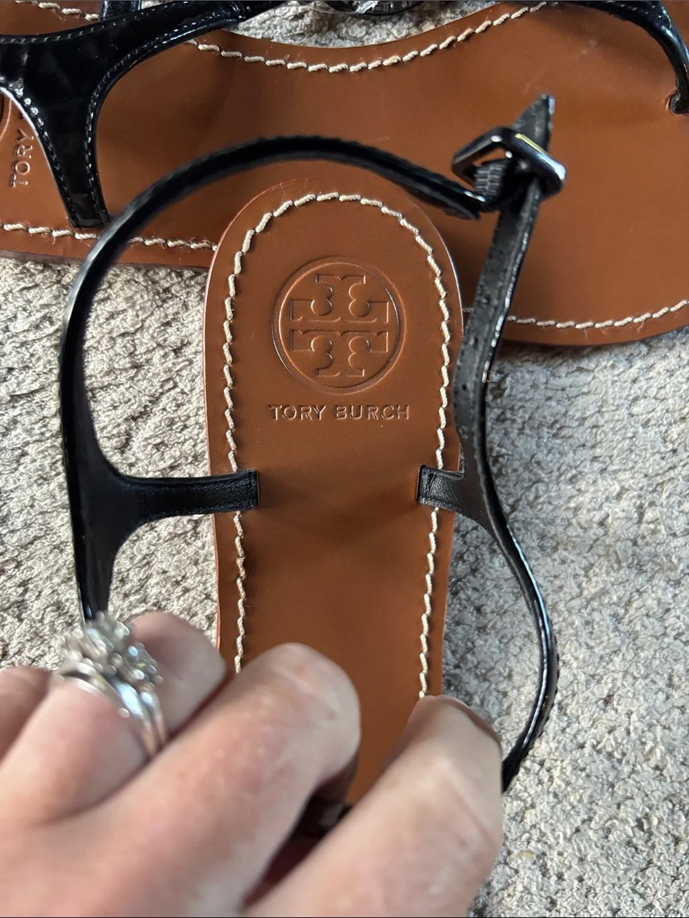 Tory Burch Black Patent Miller Thong Sandals with Brown Leather Footbed